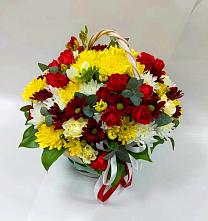 Цветочная композиция из Хризантемы и Розы в корзине в Калино